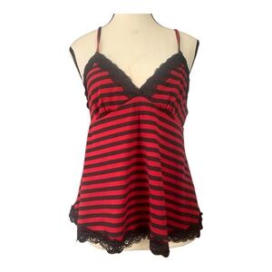Striped Lace Trim Cami Tank Top - Black & Red